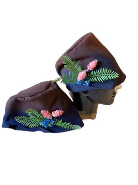 Vintage felted hat with plastic flower, pine cones and fern leaves